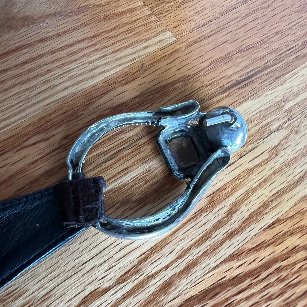 Y2K Wide Brown Leather Belt Silver Gem‎ Buckle Western Glam Statement M/L 39